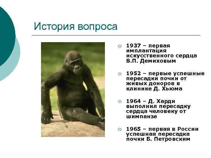 История вопроса ¡ 1937 – первая имплантация искусственного сердца В. П. Демиховым ¡ 1952