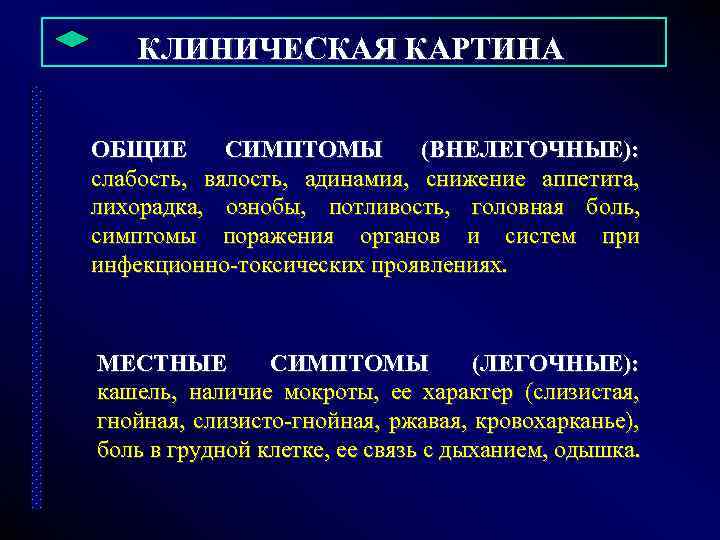  КЛИНИЧЕСКАЯ КАРТИНА ОБЩИЕ СИМПТОМЫ (ВНЕЛЕГОЧНЫЕ): слабость, вялость, адинамия, снижение аппетита, лихорадка, ознобы, потливость,