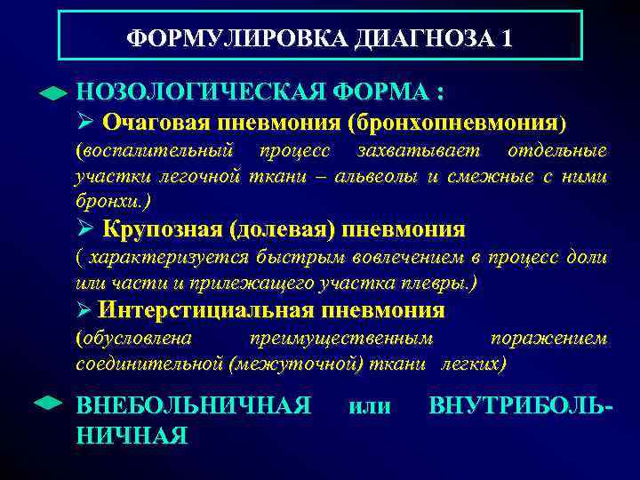  ФОРМУЛИРОВКА ДИАГНОЗА 1 НОЗОЛОГИЧЕСКАЯ ФОРМА : Ø Очаговая пневмония (бронхопневмония) (воспалительный процесс захватывает