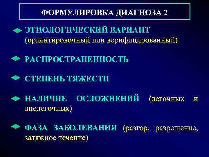  ФОРМУЛИРОВКА ДИАГНОЗА 2 ЭТИОЛОГИЧЕСКИЙ ВАРИАНТ (ориентировочный или верифицированный) РАСПРОСТРАНЕННОСТЬ СТЕПЕНЬ ТЯЖЕСТИ НАЛИЧИЕ ОСЛОЖНЕНИЙ