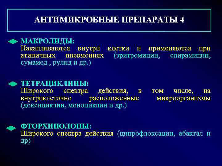  АНТИМИКРОБНЫЕ ПРЕПАРАТЫ 4 МАКРОЛИДЫ: Накапливаются внутри клетки и применяются при атипичных пневмониях (эритромицин,