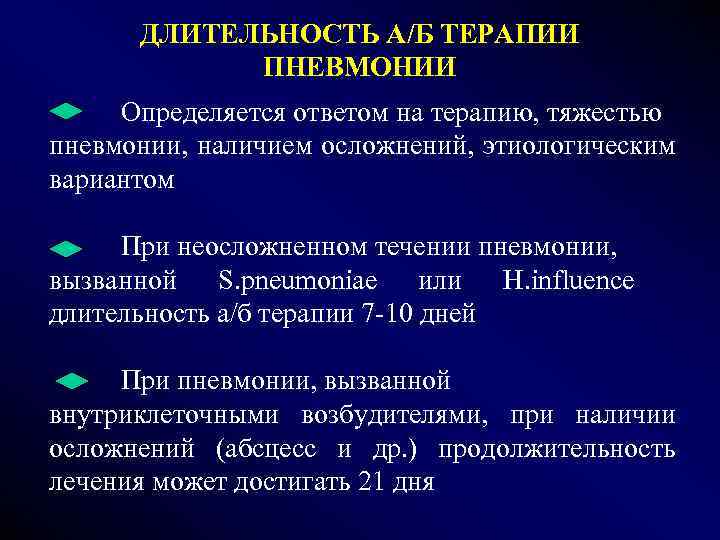 ДЛИТЕЛЬНОСТЬ А/Б ТЕРАПИИ ПНЕВМОНИИ Определяется ответом на терапию, тяжестью пневмонии, наличием осложнений, этиологическим вариантом