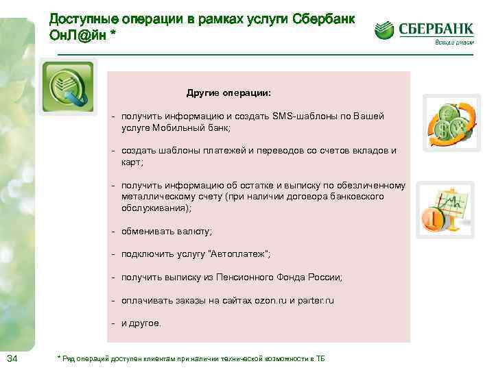 Доступные операции в рамках услуги Сбербанк Он. Л@йн * Другие операции: - получить информацию