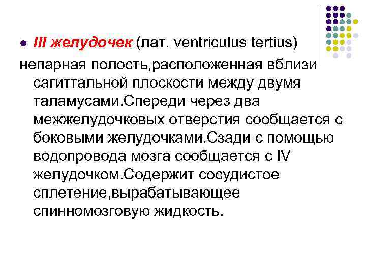 III желудочек (лат. ventriculus tertius) непарная полость, расположенная вблизи сагиттальной плоскости между двумя таламусами.