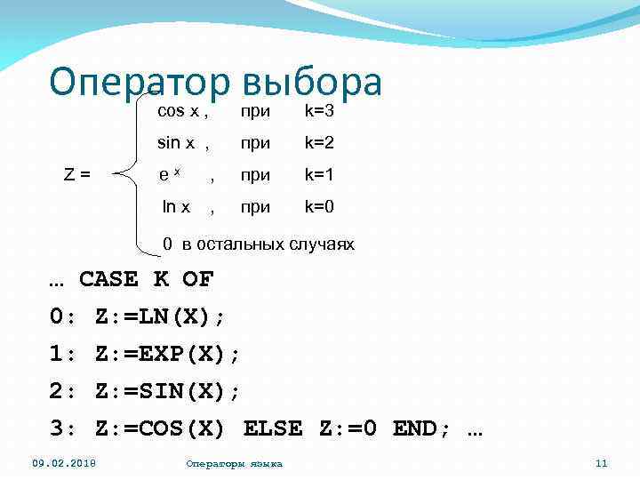 Оператор выбора cos x , k=3 sin x , Z= при k=2 ex ,