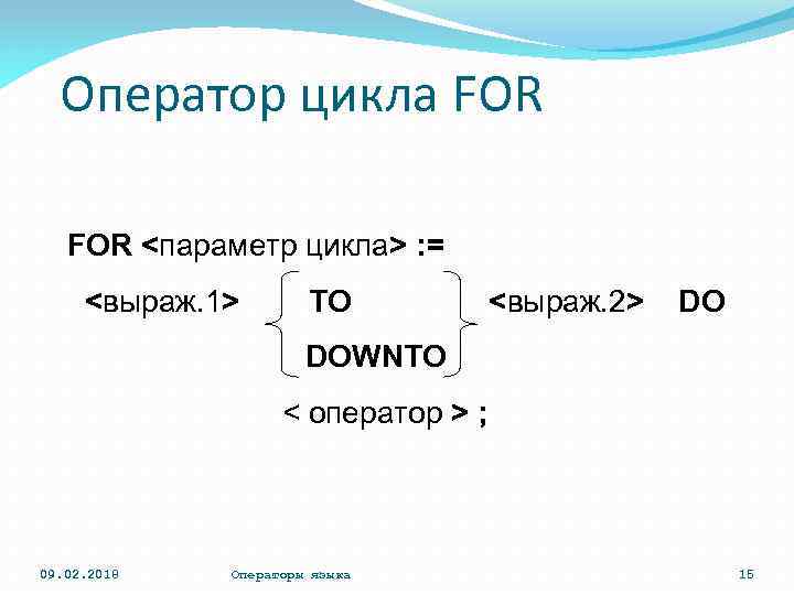 Оператор цикла FOR <параметр цикла> : = <выраж. 1> TO <выраж. 2> DOWNTO <