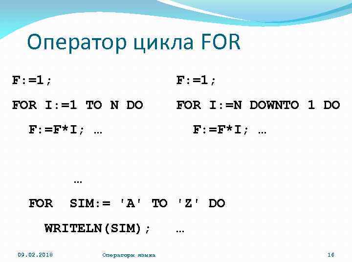 Оператор цикла FOR F: =1; FOR I: =1 TO N DO FOR I: =N