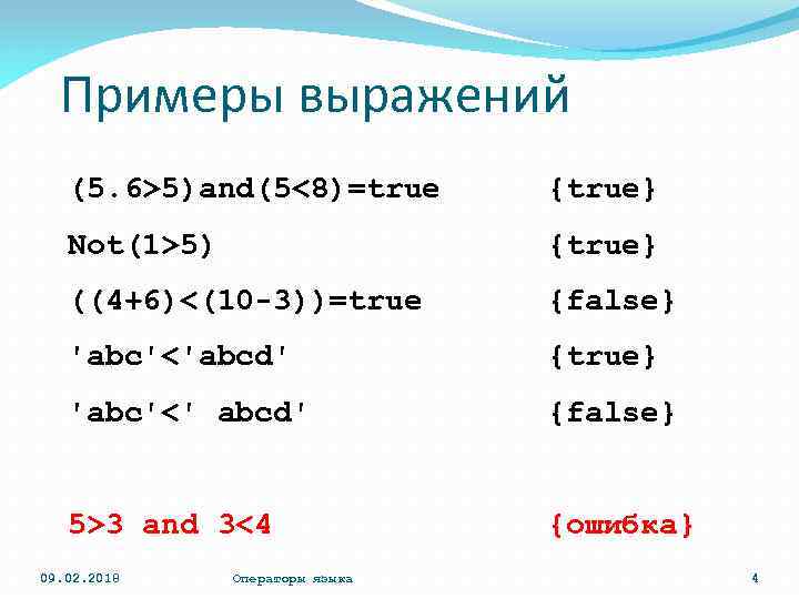 Примеры выражений (5. 6>5)and(5<8)=true {true} Not(1>5) {true} ((4+6)<(10 -3))=true {false} 'abc'<'abcd' {true} 'abc'<' abcd'