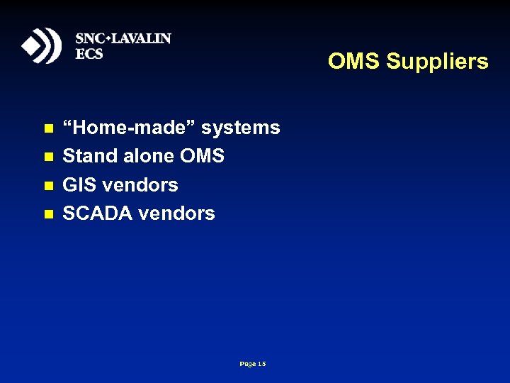 OMS Suppliers n n “Home-made” systems Stand alone OMS GIS vendors SCADA vendors Page