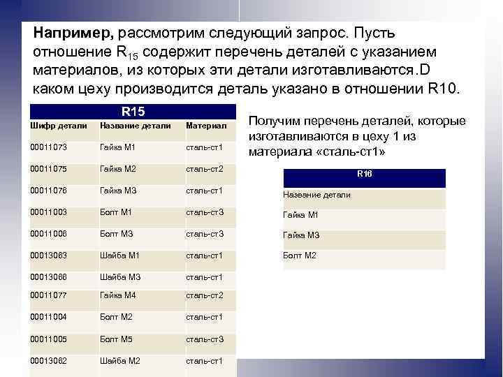 Например, рассмотрим следующий запрос. Пусть отношение R 15 содержит перечень деталей с указанием материалов,