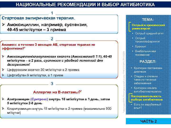 НАЦИОНАЛЬНЫЕ РЕКОМЕНДАЦИИ И ВЫБОР АНТИБИОТИКА 1 Стартовая эмпирическая терапия. ТЕМА: Ø Амоксициллин, например, суспензия,