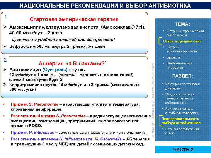 НАЦИОНАЛЬНЫЕ РЕКОМЕНДАЦИИ И ВЫБОР АНТИБИОТИКА 1 Стартовая эмпирическая терапия ТЕМА: Ø Амоксициллин/клавулановая кислота, (Амоксиклав®
