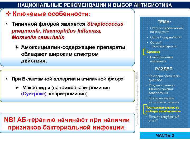 НАЦИОНАЛЬНЫЕ РЕКОМЕНДАЦИИ И ВЫБОР АНТИБИОТИКА v Ключевые особенности: ТЕМА: • Типичной флорой является Streptococcus