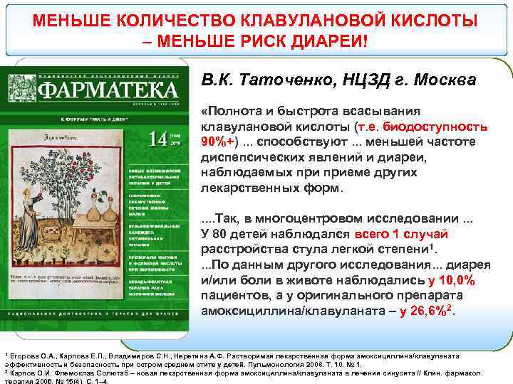 МЕНЬШЕ КОЛИЧЕСТВО КЛАВУЛАНОВОЙ КИСЛОТЫ – МЕНЬШЕ РИСК ДИАРЕИ! В. К. Таточенко, НЦЗД г. Москва