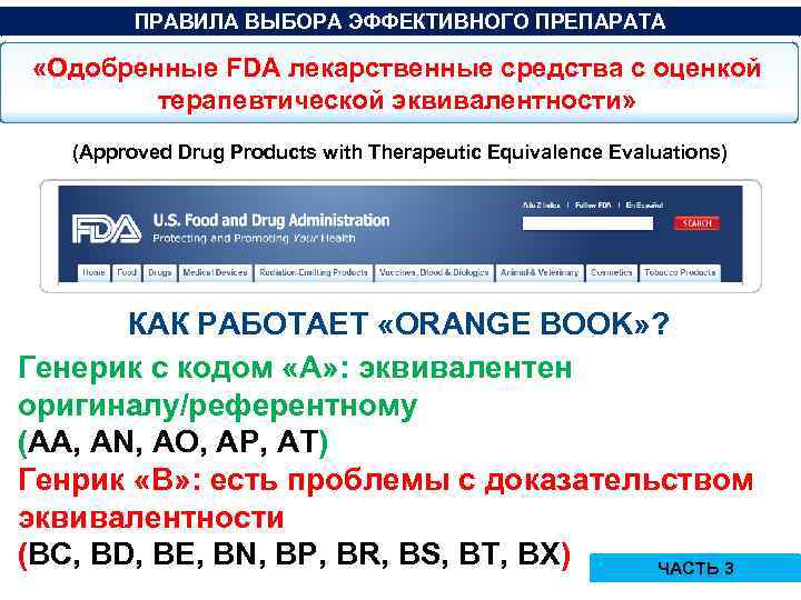 ПРАВИЛА ВЫБОРА ЭФФЕКТИВНОГО ПРЕПАРАТА «Одобренные FDA лекарственные средства с оценкой терапевтической эквивалентности» (Approved Drug