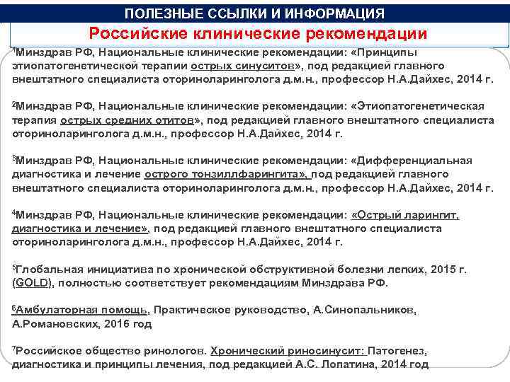 ПОЛЕЗНЫЕ ССЫЛКИ И ИНФОРМАЦИЯ Российские клинические рекомендации 1 Минздрав РФ, Национальные клинические рекомендации: «Принципы