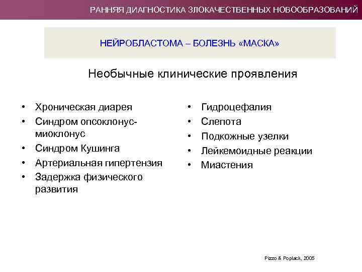 РАННЯЯ ДИАГНОСТИКА ЗЛОКАЧЕСТВЕННЫХ НОВООБРАЗОВАНИЙ НЕЙРОБЛАСТОМА – БОЛЕЗНЬ «МАСКА» Необычные клинические проявления • Хроническая диарея