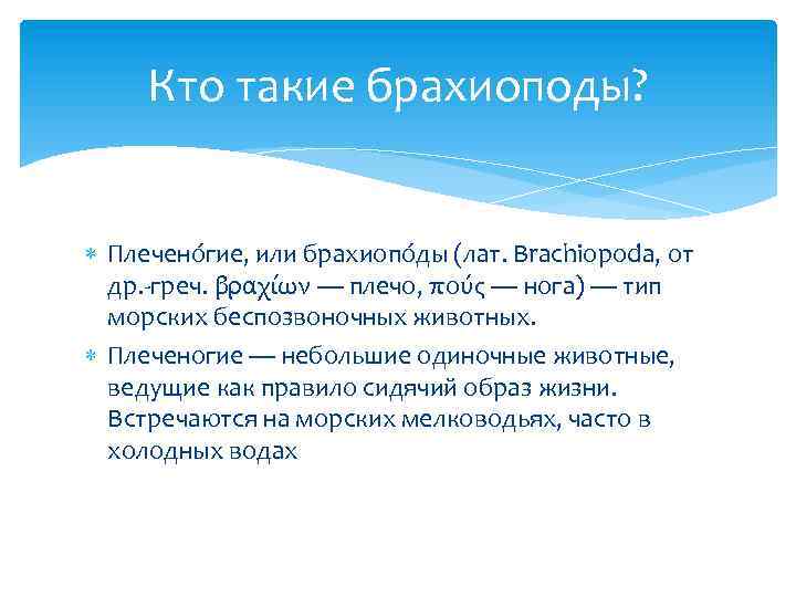 Кто такие брахиоподы? Плечено гие, или брахиопо ды (лат. Brachiopoda, от др. -греч. βραχίων