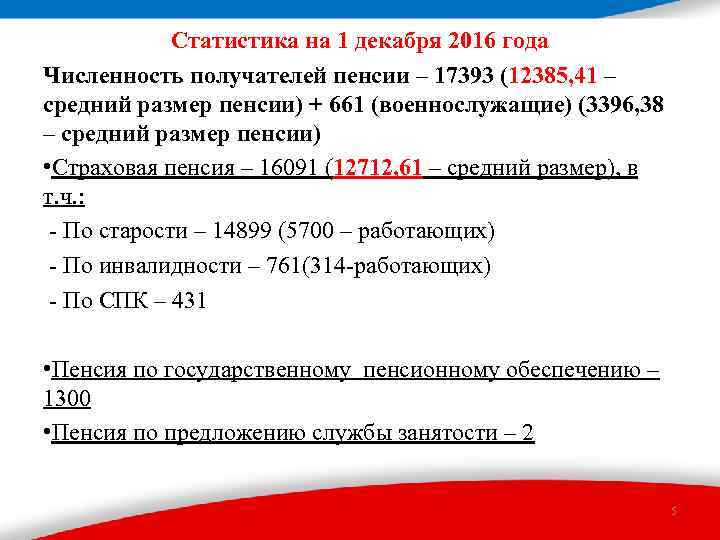 Статистика на 1 декабря 2016 года Численность получателей пенсии – 17393 (12385, 41 –