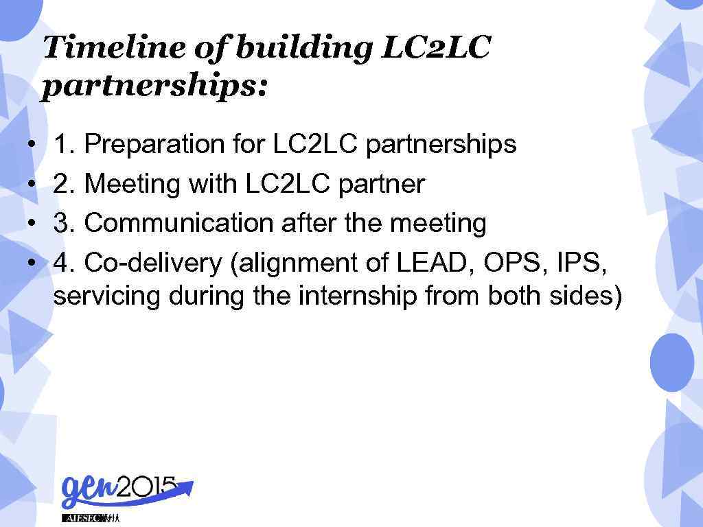Timeline of building LC 2 LC partnerships: • • 1. Preparation for LC 2