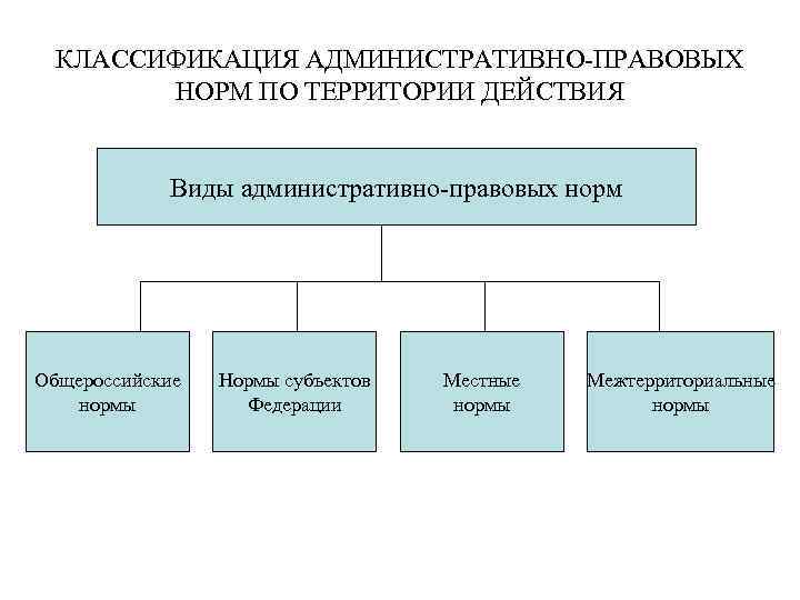 КЛАССИФИКАЦИЯ АДМИНИСТРАТИВНО-ПРАВОВЫХ НОРМ ПО ТЕРРИТОРИИ ДЕЙСТВИЯ Виды административно-правовых норм Общероссийские нормы Нормы субъектов Федерации