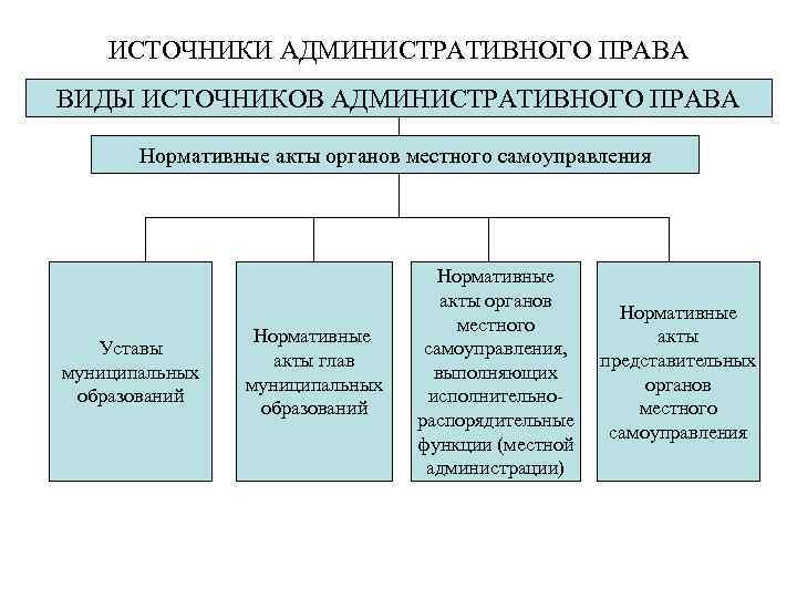 ИСТОЧНИКИ АДМИНИСТРАТИВНОГО ПРАВА ВИДЫ ИСТОЧНИКОВ АДМИНИСТРАТИВНОГО ПРАВА Нормативные акты органов местного самоуправления Уставы муниципальных