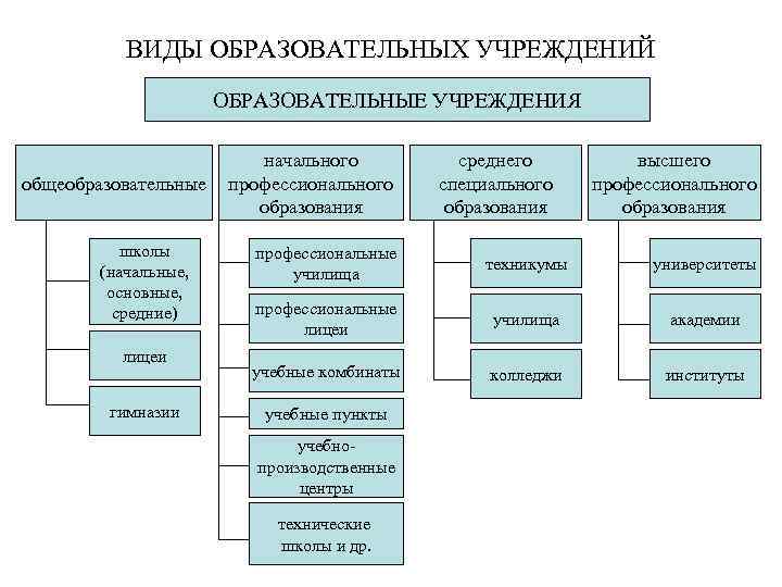 ВИДЫ ОБРАЗОВАТЕЛЬНЫХ УЧРЕЖДЕНИЙ ОБРАЗОВАТЕЛЬНЫЕ УЧРЕЖДЕНИЯ общеобразовательные школы (начальные, основные, средние) лицеи гимназии начального профессионального