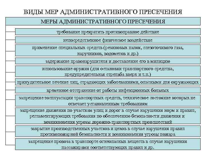 ВИДЫ МЕР АДМИНИСТРАТИВНОГО ПРЕСЕЧЕНИЯ МЕРЫ АДМИНИСТРАТИВНОГО ПРЕСЕЧЕНИЯ требование прекратить противоправное действие непосредственное физическое воздействие