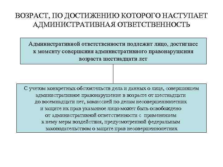 ВОЗРАСТ, ПО ДОСТИЖЕНИЮ КОТОРОГО НАСТУПАЕТ АДМИНИСТРАТИВНАЯ ОТВЕТСТВЕННОСТЬ Административной ответственности подлежит лицо, достигшее к моменту