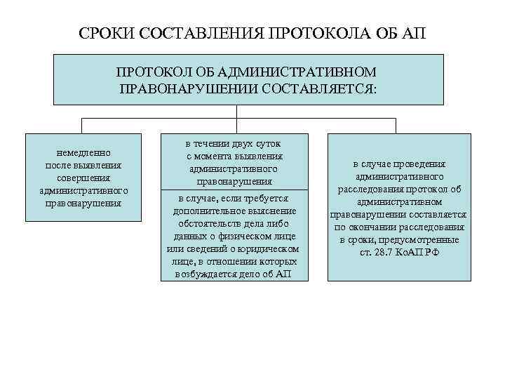 СРОКИ СОСТАВЛЕНИЯ ПРОТОКОЛА ОБ АП ПРОТОКОЛ ОБ АДМИНИСТРАТИВНОМ ПРАВОНАРУШЕНИИ СОСТАВЛЯЕТСЯ: немедленно после выявления совершения