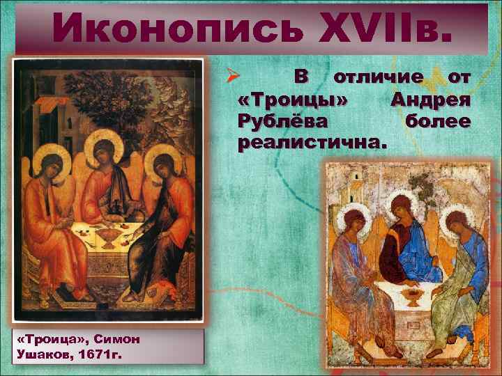 Иконопись XVIIв. В отличие от «Троицы» Андрея Рублёва более реалистична. Ø «Троица» , Симон