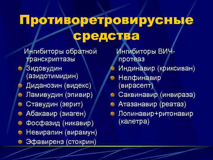 Противоретровирусные средства Ингибиторы обратной транскриптазы Зидовудин (азидотимидин) Диданозин (видекс) Ламивудин (эпивир) Ставудин (зерит) Абакавир