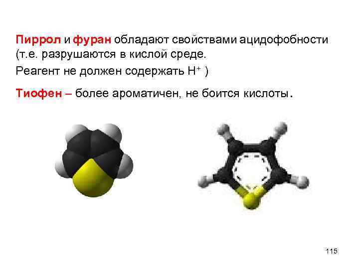 Пиррол и фуран обладают свойствами ацидофобности (т. е. разрушаются в кислой среде. Реагент не