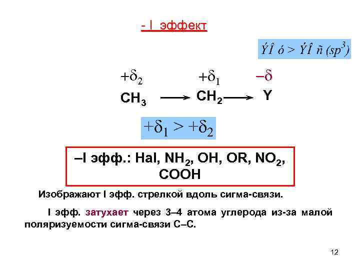 - I эффект + 2 + 1 - CH 3 CH 2 Y –I