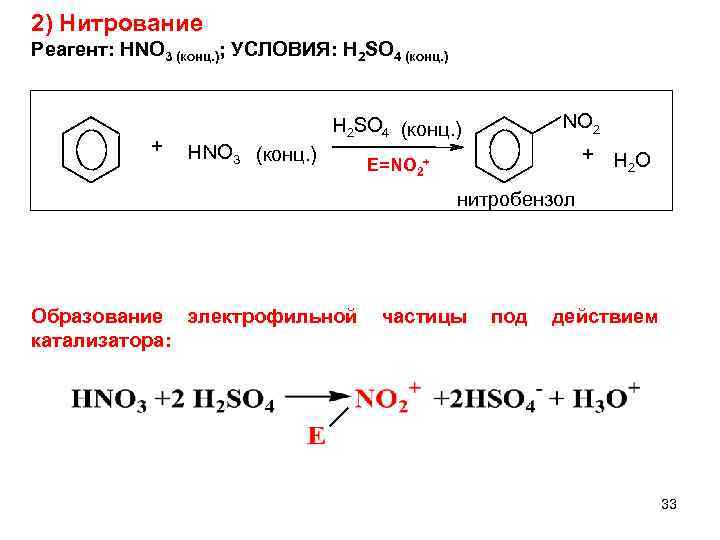 2) Нитрование Реагент: HNO 3 (конц. ); УСЛОВИЯ: H 2 SO 4 (конц. )