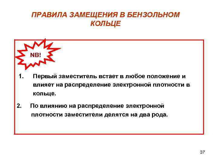 ПРАВИЛА ЗАМЕЩЕНИЯ В БЕНЗОЛЬНОМ КОЛЬЦЕ NB! 1. Первый заместитель встает в любое положение и