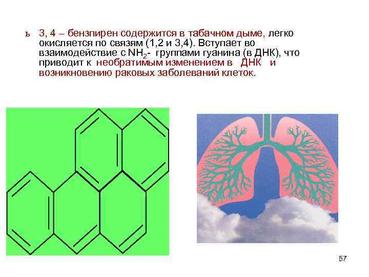 ь 3, 4 – бензпирен содержится в табачнoм дыме, легко м дыме окисляется по
