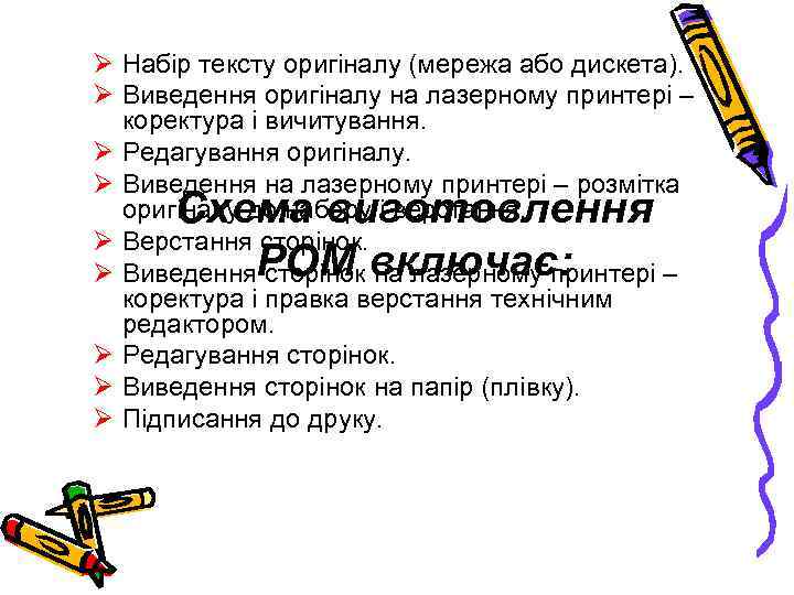 Ø Набір тексту оригіналу (мережа або дискета). Ø Виведення оригіналу на лазерному принтері –
