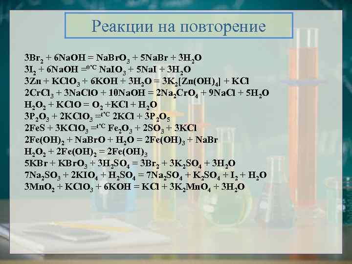 Реакции на повторение 3 Br 2 + 6 Na. OH = Na. Br. O