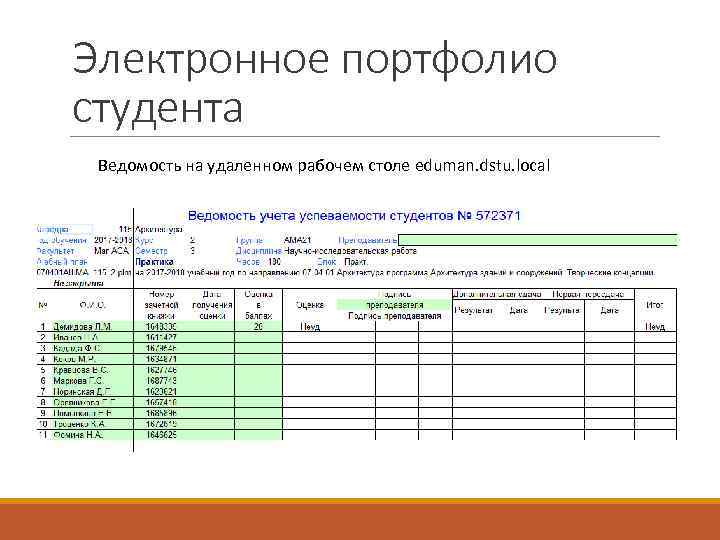 Электронное портфолио студента Ведомость на удаленном рабочем столе eduman. dstu. local 