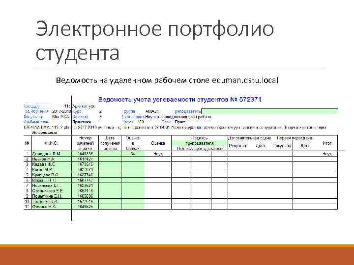 Электронное портфолио студента Ведомость на удаленном рабочем столе eduman. dstu. local 