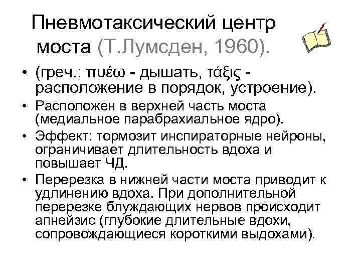 Пневмотаксический центр моста (Т. Лумсден, 1960). • (греч. : πυέω дышать, τάξις расположение в
