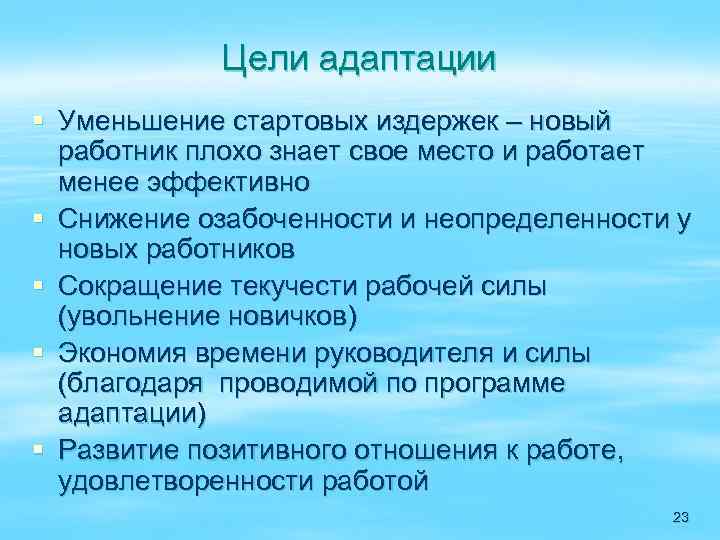 Цели адаптации § Уменьшение стартовых издержек – новый работник плохо знает свое место и