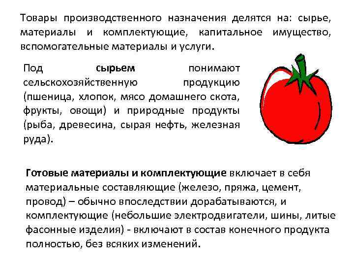 Товары производственного назначения делятся на: сырье, материалы и комплектующие, капитальное имущество, вспомогательные материалы и