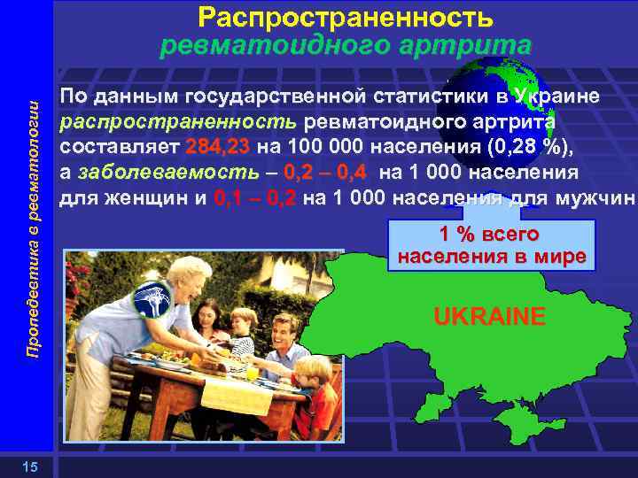 Пропедевтика в ревматологии Распространенность ревматоидного артрита 15 По данным государственной статистики в Украине распространенность