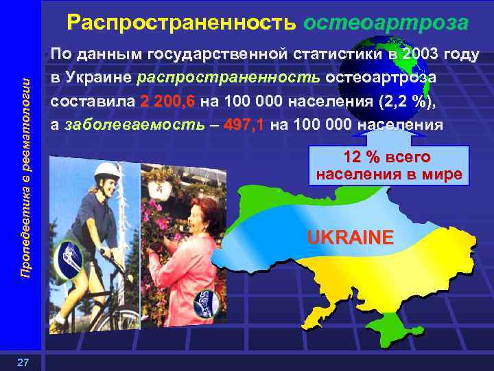 Пропедевтика в ревматологии Распространенность остеоартроза 27 По данным государственной статистики в 2003 году в