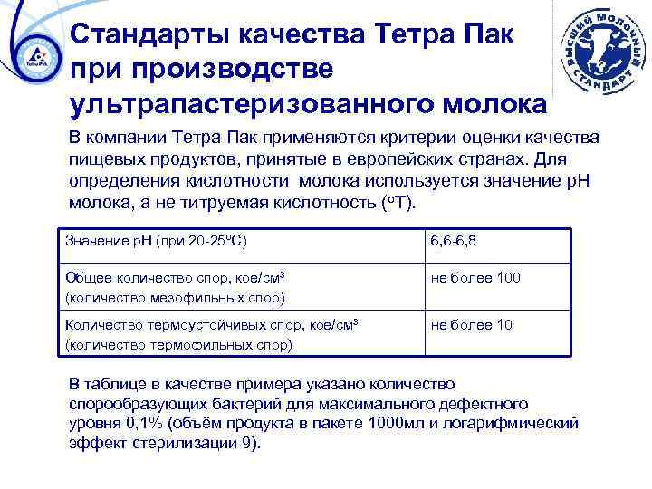 Стандарты качества Тетра Пак при производстве ультрапастеризованного молока В компании Тетра Пак применяются критерии