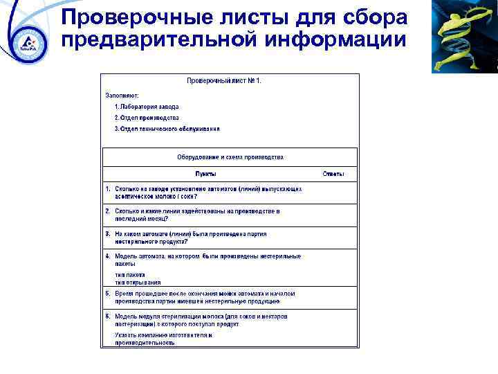 Проверочные листы для сбора предварительной информации 
