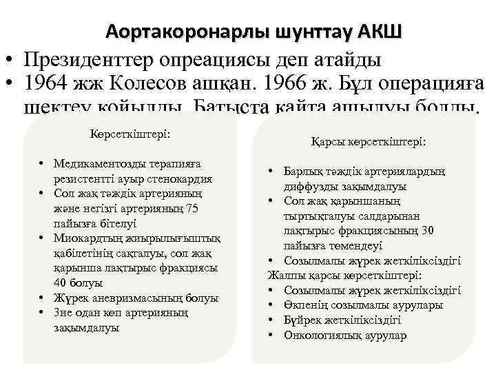 Аортакоронарлы шунттау АКШ • Президенттер опреациясы деп атайды • 1964 жж Колесов ашқан. 1966