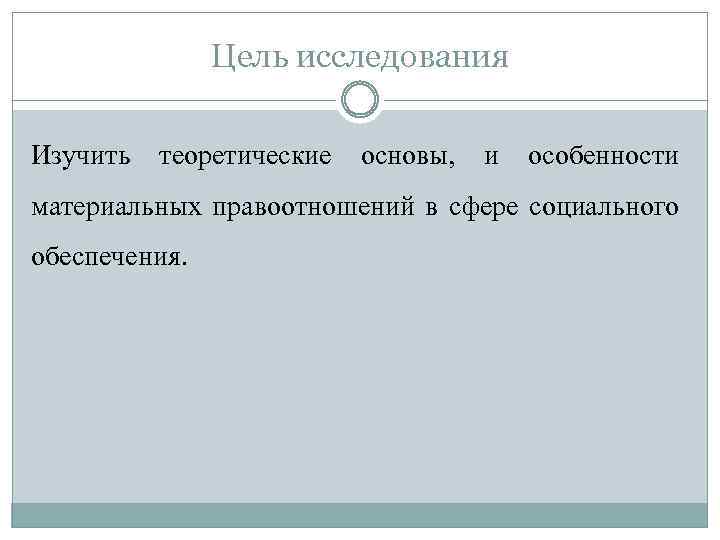 Цель исследования Изучить теоретические основы, и особенности материальных правоотношений в сфере социального обеспечения. 